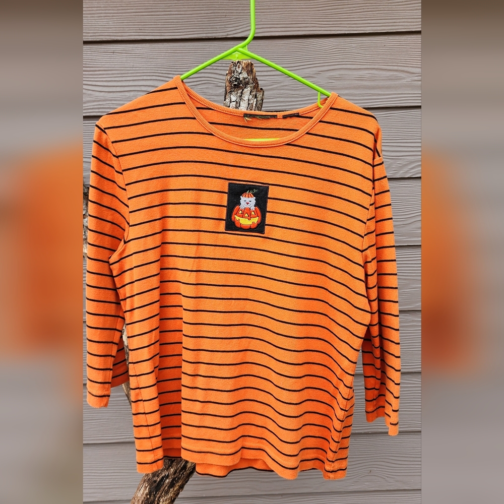 Orange Striped Long-Sleeve Top with Pumpkin Patch Applique